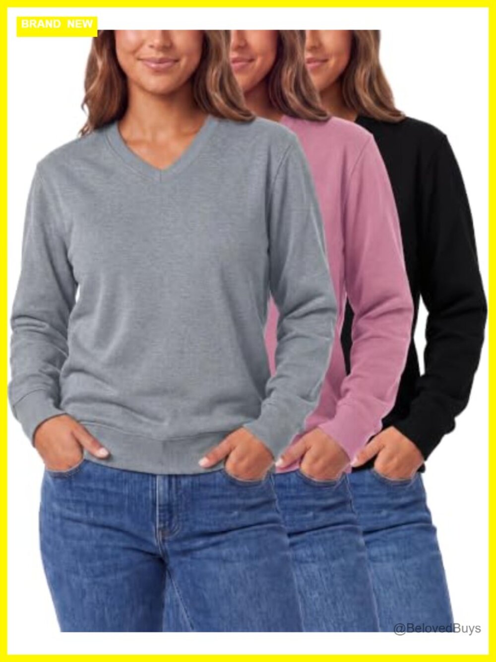 Fleece V Neck Pullover Sweatshirt Long Sleeve Top 3 Pack